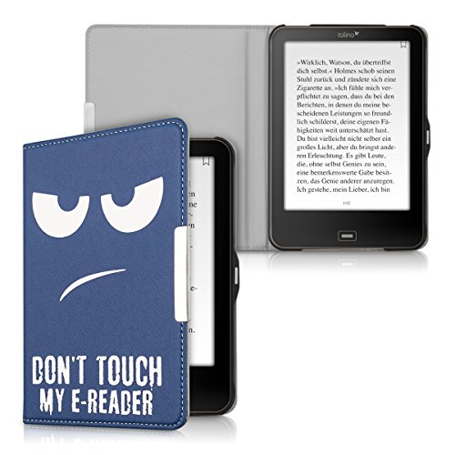 kwmobile Hülle für Tolino Vision 1 / 2 / 3 / 4 HD – Flipcover Case eReader Schutzhülle – Bookstyle Klapphülle Don’t touch my E-Reader Design Weiß Dunkelblau - 8