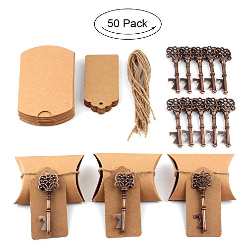 aytai 50 Stück Hochzeit Favor Antik Schlüssel-Flaschenöffner + Tags + Kissen Candy Boxen, für Baby-Dusche Geschenke für Gäste Party Bankett Bar Supplies