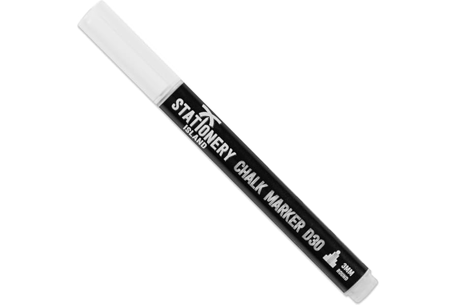 STATIONERY ISLAND Chalk Pens D30 Pack of 1 White â€“ 3mm Fine Bullet Nib. Dry Wipe Erase Liquid Chalk Marker. for Glass (Windows & Mirrors), Whiteboards, Signs and Non-Porous Blackboards