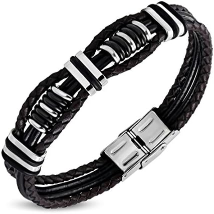 Black &amp; Brown Braided Leather Bracelet with Stainless Steel Geometric Tube Beads O-Rings Wath Style