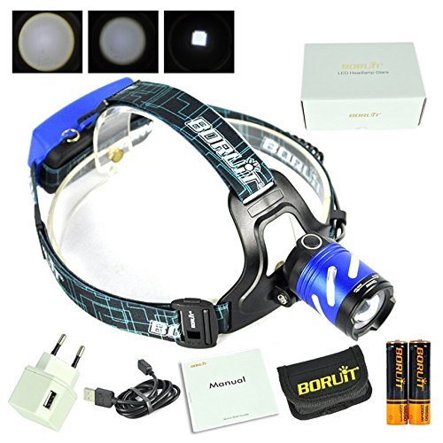 Boruit Led stirnlampe kopflampe Späteste Version LED-Hauptfackel, hohe Leistung XM-L T6 LED Scheinwerfer, wasserdichte Zoomable nachladbares Scheinwerfer-Taschenlampen-Kopf-Lampen-Licht für das kampierende fischende das Radfahren laufende wandernde Jagd-kletterndes Sicherheits-Licht mit SOS-Warnungs-Funktion, European regulation charger