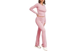 Famulily Women's Tracksuit Two Piece Outfit Skims Dupe Long Sleeve Fold-over Crop Top and Low Rise Flare Pants Set Lounge Sets S-L