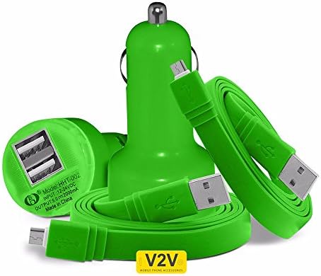 Doogee S60 (5.2") - Compact Micro Bullet Twin Dual USB In-Car Charger Adapter With x2 Micro USB Flat Data Cables 1M Length (Green) by V2V international