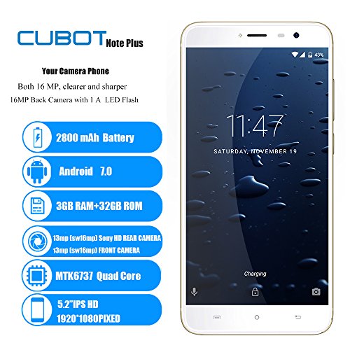 Cubot Note Plus (2017) Smartphone ohne vertrag ( 13,22 cm (5.2 zoll) , 32GB Speicher, 3GB RAM, Anroid 7.0, 16MP + 16MP Dualkamera, Dual Sim Smartphone) 4G LTE Smartphones