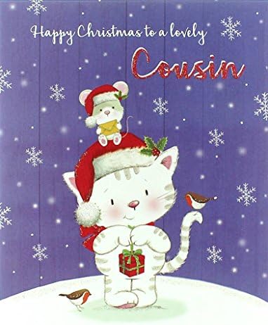 Goldmark Cousin Christmas Card - Kitten, Mouse, Robins &amp; Present 7.25" x 5.5"