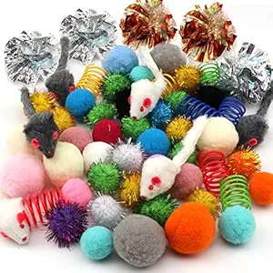 PietyPet 60 Packs Cat Toys Balls Set Spiral Springs Assorted, Kitten Ball Toys Assortments, Sparkle Ball, Cat Mouse Toy, Cat Crinkle Balls, Cat Springs, Furry Cat Toys Balls Soft Pom Pom Balls