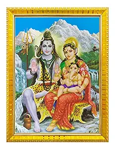 Koshtak Shiva Parvati with Ganesh ji/Shiv parivar Photo Frame with Laminated Poster for puja Room Temple Worship/Wall Hanging/Gift/Home Decor (30 x 23 cm)
