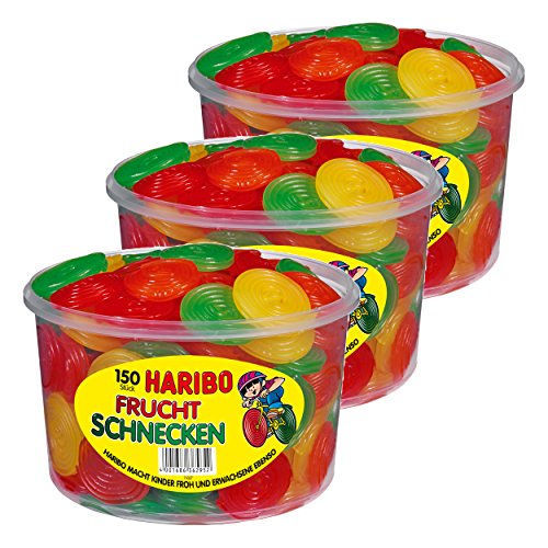Haribo Fruchtschnecken, 3er Set, Gummibärchen, Weingummi, Fruchtgummi, 150 Stück, 1200g Dose