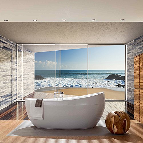 Vlies Fototapete PREMIUM PLUS Wand Foto Tapete Wand Bild Vliestapete – Terrasse Balkon Fenster Steinwand Strand Wellen Meer Himmel Wolken – no. 2429, Größe: 416 x 254cm Vlies - 7