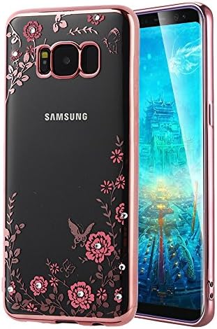 Galaxy S8 Case, Jamche Ultra Thin Transparent Flowers Bling Crystal Bumper Silicone TPU Gel Clear Rubber Soft Shockproof Protective Back Case Cover Shell for Samsung Galaxy S8, Rose Gold Pink