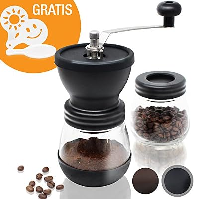 Amazy Moulin manuel avec 2 récipients et 16 pochoirs à latte - Moulin manuel à meule en céramique pour un café finement moulu (Noir)