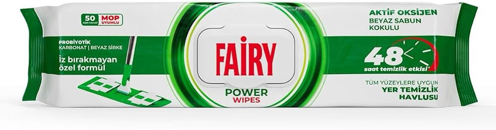 Fairy Power Wipes Mop Uyumlu Yer Temizlik Havlusu 50 Yaprak | Beyaz Sabun | Beyaz Sirke & Karbonat | 48 Saat Temizlik Etkili | İz Bırakmayan Formül