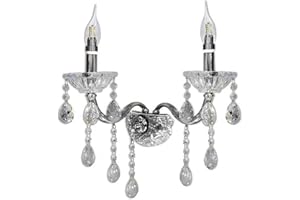 VETRINE IN RETE Vetrineinrete® Applique candelabro lampada da parete con gocce pendenti di cristallo in acrilico 2 bracci attacco E14 oro e argento stile retrò E35-A illuminazione lampadario casa (Argento) P65