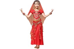 SUNENJOY ROBE FILLE Sunenjoy Robe Costume Déguisement Fille Princesse Sequins Robe Danse Ventre Classique India Belly Danse 2PCs Tops Hauts + Sarouel Pantalon Tulle Professional Performance Vêtements (M, Rose)