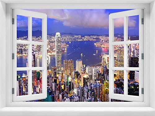 XMJR Wall decoration Leave the window wall bedroom bed emulation window walls posters 3d stereoscopic leave window decal Hong Kong Tai Ping Shan Night ,LT-H-E03, Maximum