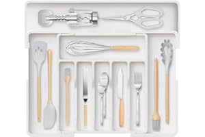 Wnddle Organizador Cubiertos para Cajon, Organizador de Cubiertos Expandible, Bandeja de cubiertos expandible para cajón de cocina, Separador Vajilla de Plástico para Almacenaje Cocina (Blanco)