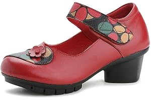 MRS DUBERESS Women's Comfortable Leather Soft Round Toe Middle Heel Mary Jane Shoes