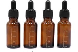 VASANA 4 flaconi vuoti in vetro ambrato da 20 ml, ricaricabili e graduati, con contagocce in vetro ambrato, per oli essenziali, cosmetici e fluidi