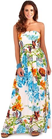 Martildo Fashion Ladies Bandeau Strapless Tropical Floral Maxi Dress, Blue Floral, Medium (UK 12-14)