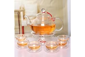 Beddingleer Glass Teapot 600 ml Tea Maker + 6 Tea Cups + Warmer with Glass Filter and Glass Lid Made Borosilicate Glass (Kettle Set)
