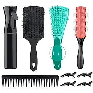 9 Pcs Detangling Brush Set for Curly Hair, Hair Brushes for Afro America/African Hair 3a to 4c Texture, with 9-Row Cushion Nylon Bristle Brush, Detangler Hair brush, Air Cushion Comb, Wide Tooth Comb, Hair Spray Bottle