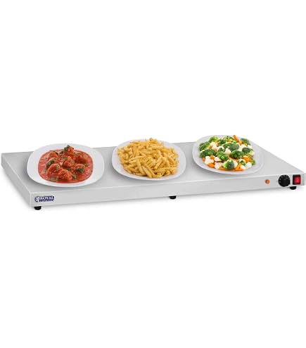 RCHP-70 1100W 70x50cm Chauffe-plat électrique Royal Catering RCHP-70 - 1100W, 2 Lampes Halogènes - Température Réglable 30-110°C - Acier Inox, Surface 70x50 Cm Plaque Chauffante
