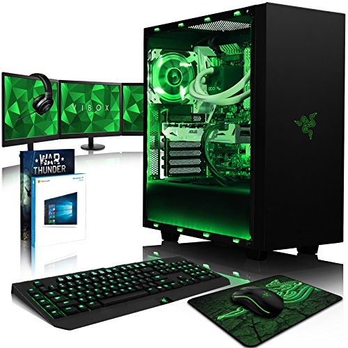 VIBOX Voxel GLR770-358 Komplett-PC Paket Gaming PC - 4,0GHz AMD Ryzen 1800X 8-Core CPU, GTX 1070, leistungsfähig, Wassergekühlter Desktop Gamer Computer mit Spielgutschein, 3x Dreifach 22" Monitor, Razer Tastatur, Razer Maus, Windows 10, Grün Innenbeleuchtung, lebenslange Garantie* (3,6GHz (4,0GHz Turbo) AMD Ryzen 7-1800X Octa 8-Core Prozessor CPU, Nvidia GeForce GTX 1070 8GB Grafikkarte, 16GB Crucial Ballistix 2400MHz RAM, 120GB SSD, 2TB Festplatte, Alphacool Eisbaer Wasserkühler)
