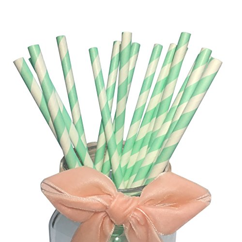 Paquete de 100 pajitas de papel color verde menta, diseño de rayas, de 19,7 cm, de la marca Bofa