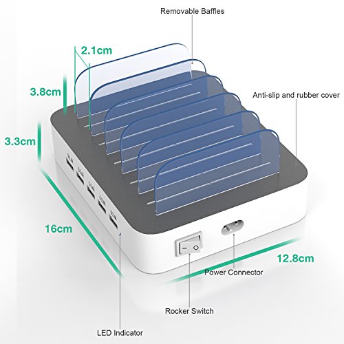 IMLEZON Stations de charge 5 Ports USB Multiport Support Chargeur Station et 5 C  bles pour iPhone iPad Smartphones et Tablettes  Blanc 