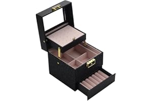 Terafeels Jewelry Organiser for Men Women Girls 3 Layer PU Leather Large Jewellery Organiser with Drawer Jewellery Storage Case for Necklaces Earrings Bracelets and Rings, 06BB, Black 06