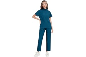 Meichoon Set di scrub da donna con colletto in piedi e cerniera superiore con quattro tasche elasticizzati pantaloni da yoga per assistenza medica uniforme da lavoro salone di bellezza DK50