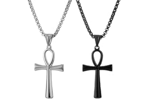 JKJF Pack of 2 Egyptian Ankh Cross Pendant Necklace Stainless Steel Ankh Pendant Chain Vintage Coptic Ankh Cross Religious Necklace Gothic Hip Hop Punk Necklace for Men and Boys - Silver Black