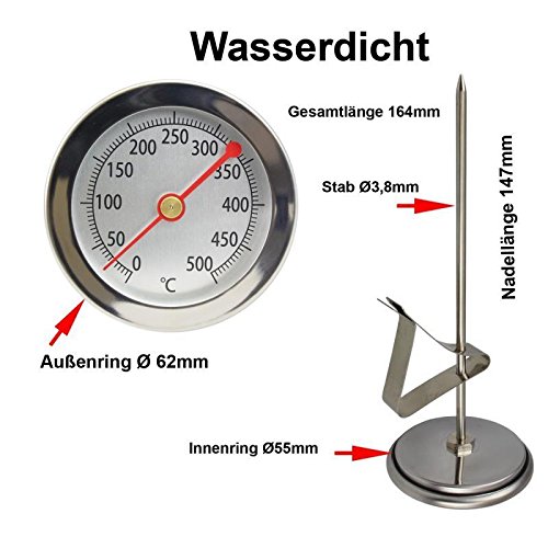 Edelstahl 500 °C Grad Thermometer Wasserdicht mit Clip , Bratofen , Backofen , Pizzaofen , Holzofen , Holzbackofen , Ofenthermometer Analog und Bimetall - 2