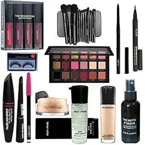 LOVE HUDA Professional Makeup Combo Primer, Foundation, Sketch Pen Eyeliner, 3 In 1, Kajal, Loose Face Powder, Eyeshadow, Makeup Brush, Red Edition Lipstick, Eyelashes And Makeup Fixer Set Of 16