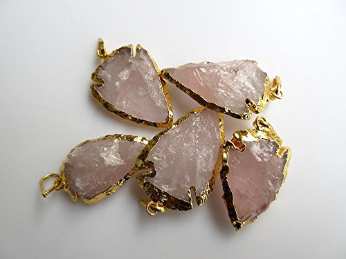 5Pieces Rose Quartz Arrowhead Pendant, Gold Arrowhead Pendant, Electroplated Raw Gemstone Connectors, Huge 35-45mm, SKU-Ah9546