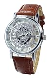 Armbanduhr - SODIAL(R)Damen Herren Skelett Uhr Kunstleder Armband Analog Quarz Armbanduhr Sport Braun band & Weiss Zifferblatt