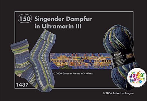 1437 OPAL HUNDERTWASSER Serie I: SINGENDER DAMPFER IN ULTRAMARIN – 1er Set 100g Knäuel 75% Schurwolle, 25% Polyamid, Lauflänge ca. 425m/100g, Nadelstärke 2 – 3 mm +Button HAPPY BIRTHDAY - 6