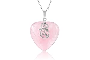 Jovivi Rose Quartz Heart Shaped Necklace Women Natural Crystal Healing Stone Reiki Gemstone Pendant Necklace With Silver flower Branch Charm Jewellery Gifts