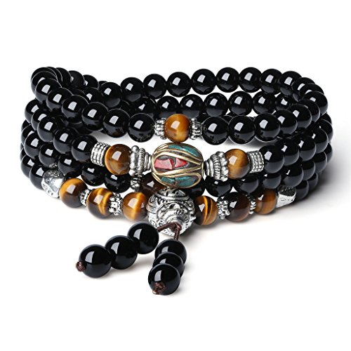 COAI Bracciale con 108 Perle Mala in Onice e Occhio di Tigre Marrone, Bracciale Rosario Buddhista