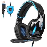 Sades Neue Version SA902 7.1 Kanäle Virtueller USB Surround Sound PC Headset In-Ear Headset mit Mikrofon Nachhall Lautstärkeregler Lärm Effekt LED Licht (Schwarz/Blau)