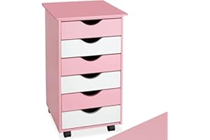TecTake® Cajonera Escritorio con 6 Cajones, Cajonera con Ruedas Giratorias, Estantería Almacenaje, Mueble Organizador Habitación Juvenil, Cajonera Estrecha, Mueble Dormitorio - Fucsia