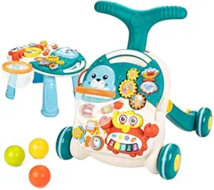 AZOD Baby Sit to Stand Learning Walkers & Activity Table, 2 in 1 Early Education Activity Center,Cute Seals Crab Musical Toys Balls for Toddlers Infant Boy Girl 9-18 Months