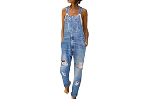 HANMAX Damen Denim Jeans Latzhose Langer Overall Blumen Jeansoptik Klasse Vintage Jeans Lang Lässig Baggy Boyfriend Stylisch Jumpsuit Hüftjeans