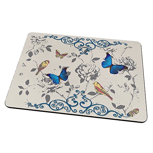 Vintage Vögel und Schmetterlinge, Designer Mousepad Unterlage Mauspad Maus-Pad Stark Anti Rutsch Unterseite für Optimalen Halt mit Lebhaftes Motiv Kompatibel mit Apple Magic Maus. Ideal für Gamer und für Grafikdesigner