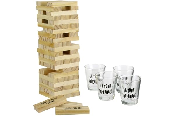 Wahou 37-2Q-007 Jeu à boire Tour infernale Drinking game Beige noir et transparent Bois et verre H20 x 7 x 19 cm