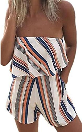 SWEETFISH Women Off Shoulder Romper Strapless Floral Beach Shorts Jumpsuit (EU XLarge, Orange)