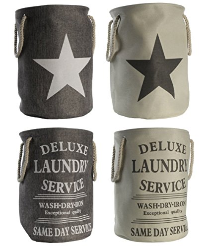 Deluxe Wäschesack MARITIM Laundry Star in natur beige - Wäschekorb faltbar - 60 liter Fassung - Leinenoptik mit Kordelgirffen - Vintage Stern - Wäschesammler Typ344