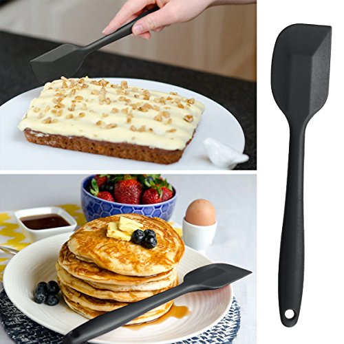 Silikon Teigschaber Küchenhelfer Set – Kleine Mixer Flexiblen Silikonschaber Backpinsel Topfset Kochbesteck – Küchengeräte Schmal Teigspachtel Backzubehör – mit stabilem Edelstahlkern zum Kuchen Backen und Mixen, Einteilig, 21cm in Schwarz - 2