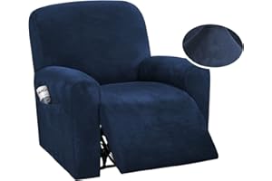 DSECHCRSL Velvet Recliner Chair Cover with Side Pocket, 4 Piece Non Slip Recliner Sofa Cover 1 Seat Stretch Recliner Cover Form Fitted Thick Soft Washable for Living Room, Pet, Kids,Navy blue