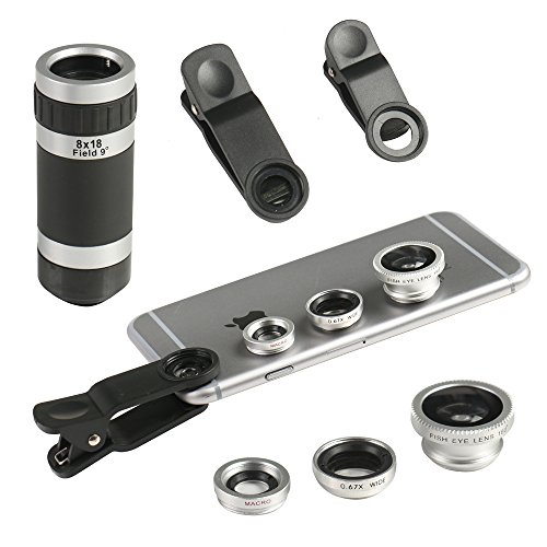 Hunye 4Â in1Â Obiettivo Fotocamera di set: 1Â X Teleobiettivo zoom 8Â X telescopio, Occhio Di Pesce grandangolare 1Â X, 1Â X E 1Â X obiettivo macro lente universale per iPhone 5Â 5S 6, iPad, Samsung Galaxy S3Â MINI, S4, S5Â e altri smartphone e tablet PC' s, Argento